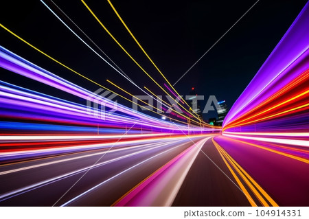 Car motion trails. Speed light streaks background with blurred fast moving light effect, blue purple colors. Racing cars dynamic flash effects city road with long exposure night lights. Generative AI Car motion trails. Speed light streaks background with blurred fast moving light effect, blue purple colors. Racing cars dynamic flash effects city road with long exposure night lights. Generative AI 104914331