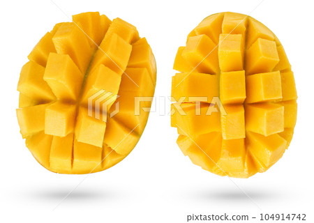 A couple of ripe sliced mangoes on a white isolated background. Ripe and fresh sliced mango on a white background casts a shadow from different sides. A couple of ripe sliced mangoes on a white isolated background. Ripe and fresh sliced mango on a white background casts a shadow from different sides. 104914742