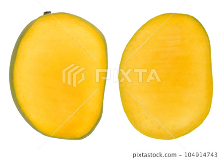 Mango on a white isolated background. Ripe, juicy and fresh mango halves on a white background. Mango isolate with peel. Mango on a white isolated background. Ripe, juicy and fresh mango halves on a white background. Mango isolate with peel. 104914743