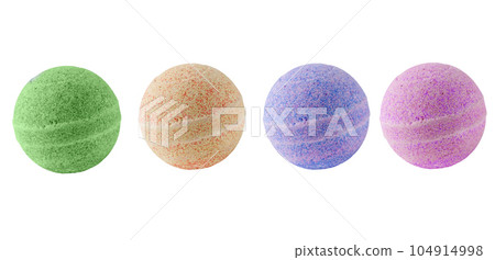 Variety of colourful aromatic bath bombs isolated on white background. Sea salt as a bath bomb for aromatherapy beauty spa treatment. 104914998