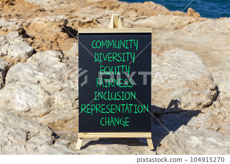 Diversity inclusion symbol. Concept words Community Diversity Equity Fairness Inclusion Representation Change on blackboard on a beautiful stone background. Diversity equity inclusion concept. Diversity inclusion symbol. Concept words Community Diversity Equity Fairness Inclusion Representation Change on blackboard on a beautiful stone background. Diversity equity inclusion concept. 104915270