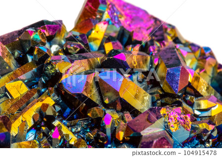 Macro mineral stone Titanium Quartz, Flame Aura Quartz on a white background Macro mineral stone Titanium Quartz, Flame Aura Quartz on a white background 104915478