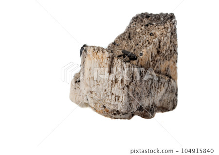 Macro mineral stone Schorl, Black Tourmaline on the feldspar on a white background 104915840