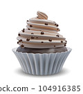 Whipped beige cream swirl cupcake with chocolate biscuit. Realistic vector 104916385