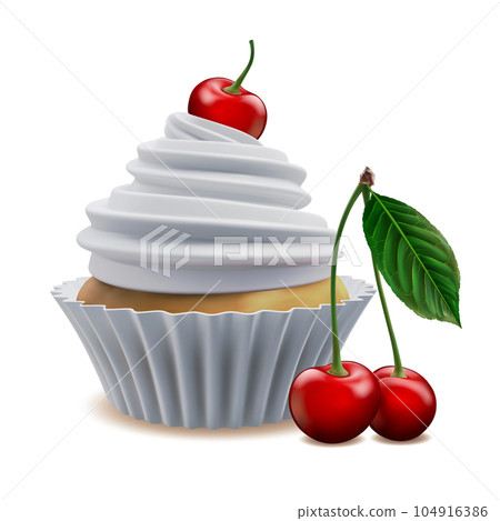 Vanilla cupcake, cute sweets food. Party homemade muffin with cherry on whipped white cream Vanilla cupcake, cute sweets food. Party homemade muffin with cherry on whipped white cream 104916386