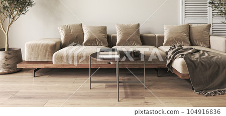Home interior with ethnic boho decoration. Livingroom in brown warm color. 3d rendering. High quality 3d illustration 104916836