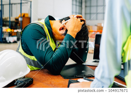 Stressed worker with hard work, Worker with impression portrait Stressed worker with hard work, Worker with impression portrait 104917671