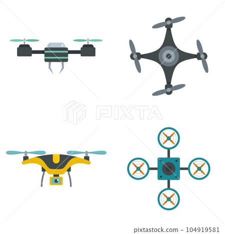 Drone delivery camera quadcopter icons set. Flat illustration of 4 drone delivery camera quadcopter vector icons isolated on white Drone delivery camera quadcopter icons set. Flat illustration of 4 drone delivery camera quadcopter vector icons isolated on white 104919581