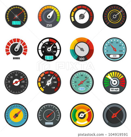 Speedometer level indicator icons set. Flat illustration of 16 speedometer level indicator vector icons isolated on white Speedometer level indicator icons set. Flat illustration of 16 speedometer level indicator vector icons isolated on white 104919591