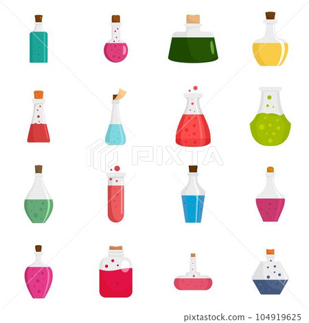 Potion magic bottle icons set. Flat illustration of 16 potion magic bottle vector icons isolated on white 104919625