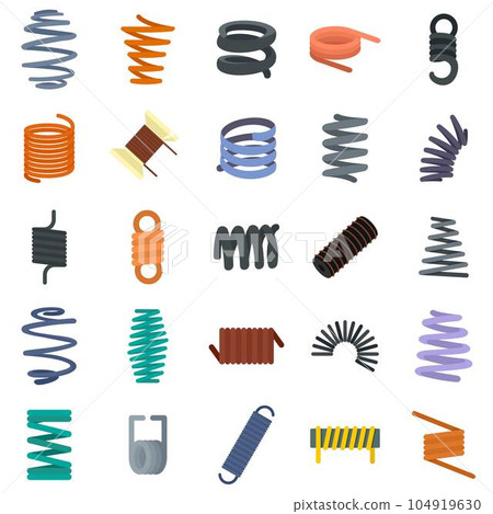 Coil spring cable icons set. Flat illustration of 25 coil spring cable vector icons isolated on white Coil spring cable icons set. Flat illustration of 25 coil spring cable vector icons isolated on white 104919630