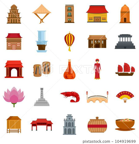 Vietnam travel tourism icons set. Flat illustration of 25 Vietnam travel tourism vector icons isolated on white Vietnam travel tourism icons set. Flat illustration of 25 Vietnam travel tourism vector icons isolated on white 104919699