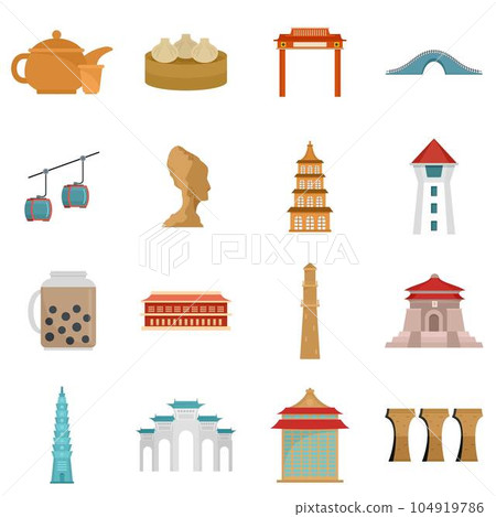 Taipei taiwan city skyline icons set. Flat illustration of 16 taipei taiwan city skyline vector icons isolated on white 104919786