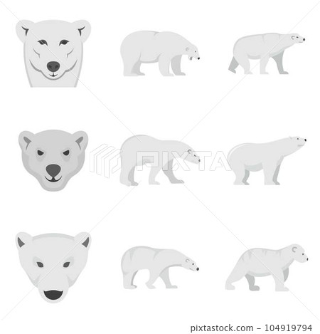 Polar bear baby white icons set. Flat illustration of 9 polar bear baby white vector icons isolated on white 104919794