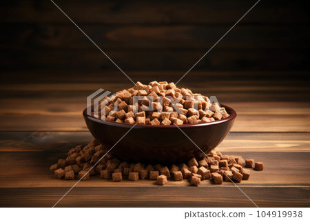 Dry dog food in bowl on wooden background. Generative AI Dry dog food in bowl on wooden background. Generative AI 104919938