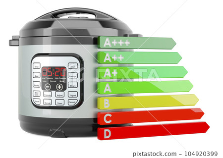 Automatic Multicooker with energy efficiency chart. 3D rendering Automatic Multicooker with energy efficiency chart. 3D rendering 104920399