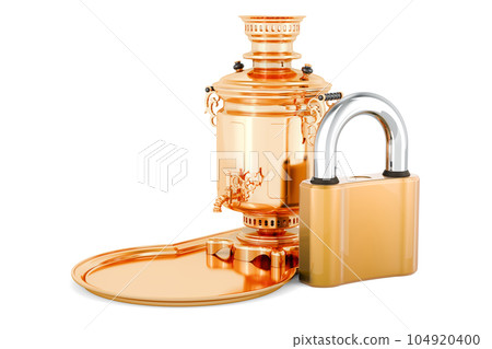 Brass Samovar with padlock. 3D rendering Brass Samovar with padlock. 3D rendering 104920400