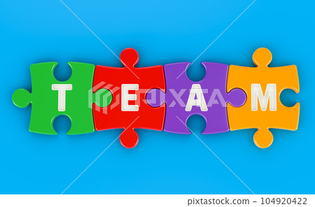 Team from colored puzzles, 3D rendering Team from colored puzzles, 3D rendering 104920422