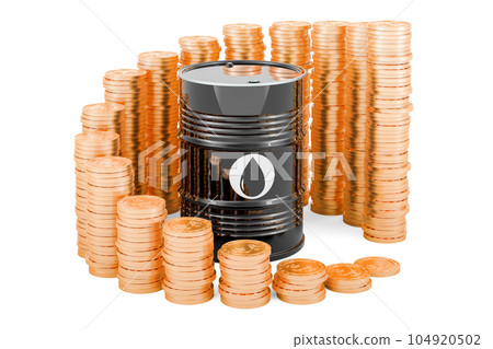 Oil barrel with growing chart from gold coins around, 3D rendering 104920502