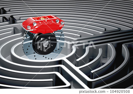 Car disc brake inside labyrinth maze. 3D rendering Car disc brake inside labyrinth maze. 3D rendering 104920508