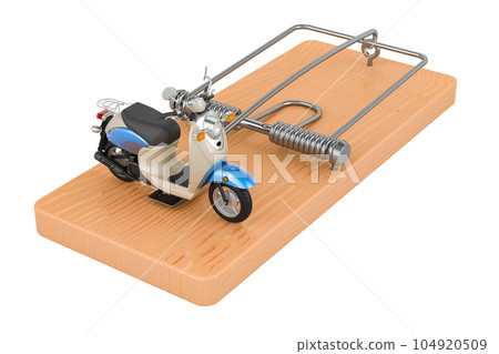 Motor scooter, moped inside mousetrap. 3D rendering Motor scooter, moped inside mousetrap. 3D rendering 104920509