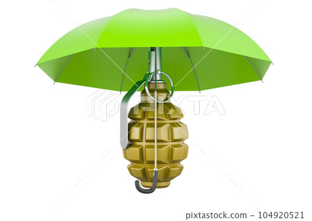 Hand grenade under umbrella, 3D rendering Hand grenade under umbrella, 3D rendering 104920521