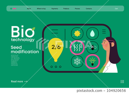 Bio Technology, Seed Modification -modern flat vector concept illustration of scientists choosing features for a seed, genetic modificated variants. Metaphor of direct impact of GMO on vegetation Bio Technology, Seed Modification -modern flat vector concept illustration of scientists choosing features for a seed, genetic modificated variants. Metaphor of direct impact of GMO on vegetation 104920656