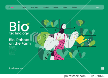 Bio Technology, Robot on farm -modern flat vector concept illustration of bio-robot engaged in agricultural activities. Metaphor of robotics and biotechnology integration, efficiency, sustainability 104920660