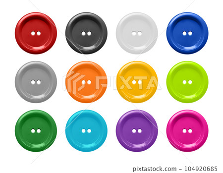 Vector 3d Realistic Buttons for Clothes Icon Set Closeup Isolated. Fashion, Art, Needlework, Sewing, Scrapbooking Decor. Round Clothes Button Collection, Front View 104920685