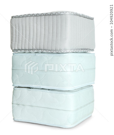 Samples of modern orthopedic mattress on white background 104920921