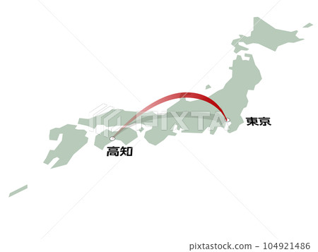 帶有從高知到東京的三維箭頭的日本地圖矢量圖 帶有從高知到東京的三維箭頭的日本地圖矢量圖 104921486