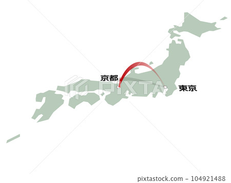 A map of Japan with a three-dimensional arrow heading from Tokyo to Kyoto vector illustration 104921488