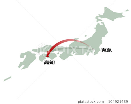 A map of Japan with three-dimensional arrows heading from Tokyo to Kochi vector illustration 104921489