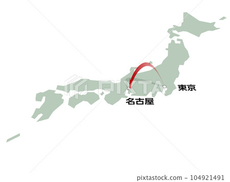 帶有從東京到名古屋矢量插圖的三維箭頭的日本地圖 104921491