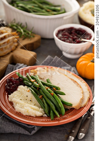 Thanksgiving plate with turkey and sides Thanksgiving plate with turkey and sides 104921806