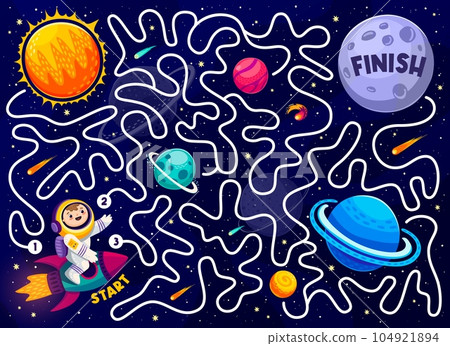 Labyrinth maze quiz game. Help to astronaut find his planet. Find way kids puzzle, search path game vector worksheet with kid astronaut or rocket spaceship, space cartoon sun and solar system planets 104921894