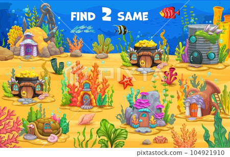 Find two same fairytale underwater houses in kids game worksheet, vector puzzle quiz. Find and match same pictures of ocean cartoon dwellings in corals, vase pot or cauldron and undersea stone hut Find two same fairytale underwater houses in kids game worksheet, vector puzzle quiz. Find and match same pictures of ocean cartoon dwellings in corals, vase pot or cauldron and undersea stone hut 104921910