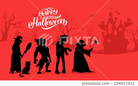 Halloween characters silhouettes. Vector background with zombie, witch, black cat, wizard and werewolf spooky personages on cemetery with old castle. Night graveyard with tombs, scary trees and bats 104921912