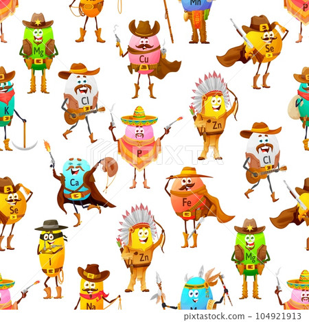 Cartoon minerals characters cowboys, bandits, rangers and native americans seamless pattern. Fabric print or wrapping paper vector backdrop with Mg, Cu, Se and Zn, Ca, Fe vitamins western personages 104921913
