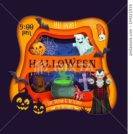 Halloween paper cut flyer. Cartoon characters on cemetery. Vector invitation poster for holiday party with funny vampire, ghost, pumpkins and bats with creepy trees on graveyard with cauldron and webs Halloween paper cut flyer. Cartoon characters on cemetery. Vector invitation poster for holiday party with funny vampire, ghost, pumpkins and bats with creepy trees on graveyard with cauldron and webs 104921919