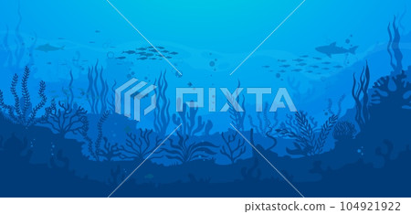 Cartoon underwater sea landscape silhouette with fish shoal and shark in seaweeds, vector background. Undersea or ocean coral reef silhouette landscape with dolphin in deep water of sea bottom Cartoon underwater sea landscape silhouette with fish shoal and shark in seaweeds, vector background. Undersea or ocean coral reef silhouette landscape with dolphin in deep water of sea bottom 104921922