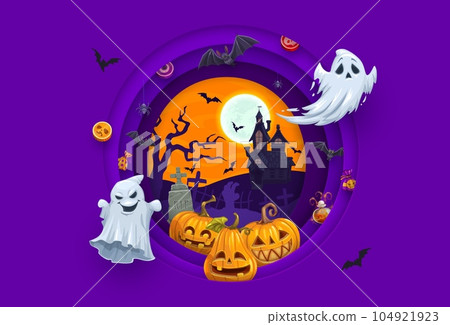 Halloween paper cut cartoon flying ghosts, pumpkins and castle. Halloween holiday vector horror characters in 3d layered papercut round frame with midnight cemetery, spooky haunted house, zombie, bats 104921923