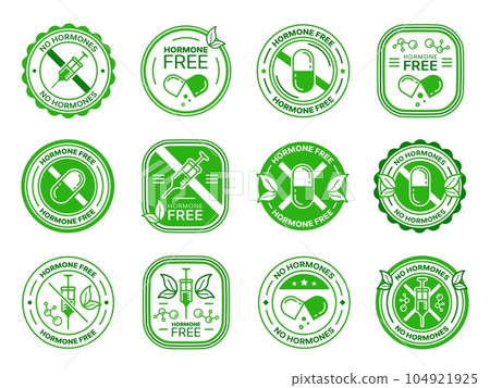 Hormone and steroids free icons. Organic farming, ecological safe food product round emblem, green label. Healthy nutrition without hormones, antibiotics and steroids vector sticker with pill, syringe Hormone and steroids free icons. Organic farming, ecological safe food product round emblem, green label. Healthy nutrition without hormones, antibiotics and steroids vector sticker with pill, syringe 104921925