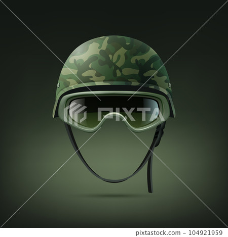 Vector 3d Realistic Military Helmet with Protect Glasses Icon Set Closeup. Helmet, Army Symbol of Defense and Protect. Soldier Helmet Design Template Vector 3d Realistic Military Helmet with Protect Glasses Icon Set Closeup. Helmet, Army Symbol of Defense and Protect. Soldier Helmet Design Template 104921959