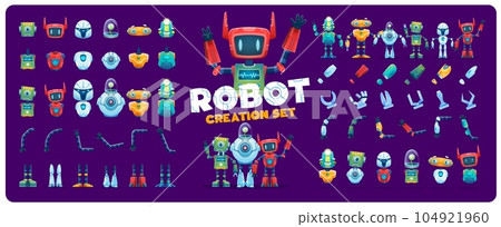 Robot creation kit. Cartoon character constructor and animation asset of cute droid, android or cyborg bot vector personages. AI robot body parts set with funny faces, automation armor, legs and arms Robot creation kit. Cartoon character constructor and animation asset of cute droid, android or cyborg bot vector personages. AI robot body parts set with funny faces, automation armor, legs and arms 104921960
