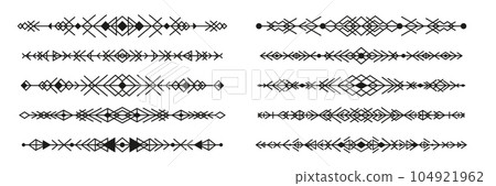 Tribal dividers, borders and delimiters, vignettes and separators with vector geometric patterns. Mayan and aztec ethnic ornaments with triangles and rhombus. African and mexican tribe motif dividers 104921962