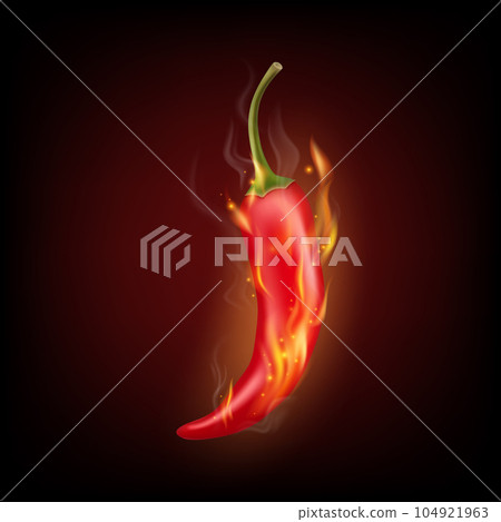 Vector 3d Realistic Red Hot Chili Pepper Closeup in a Burning Flame. Chili Pepper with Fire Flame Closeup on a Black Background. Spicy Chili Hot Pepper Design Template. Front View. 104921963