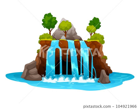 Cartoon waterfall and water cascade. Vector splashing streams and jets falling from rock with lush green vegetation. Isolated multiple flows, natural environment or park decoration with summer plants 104921966