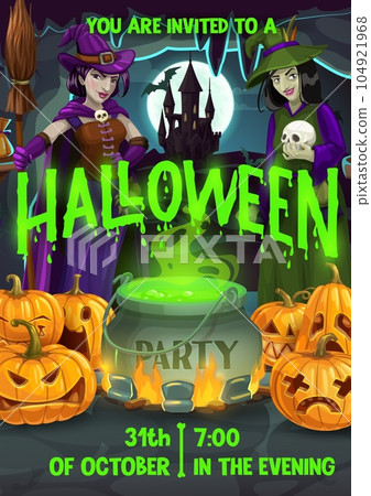Halloween flyer with cartoon witches and pumpkins. Vector party invitation poster with funny hags and boiling cauldron with potion, castle at night moonlight and spooky jack lantern scary personages 104921968