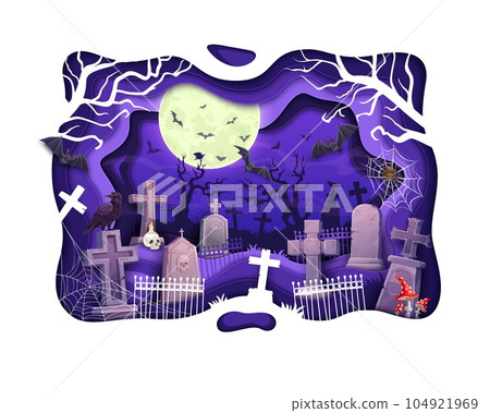 Halloween cemetery paper cut. Vector 3d effect papercut design, night graveyard landscape with tombs, scary raven birds, spooky bats, amanita mushrooms and tree silhouettes under moonlight glow 104921969